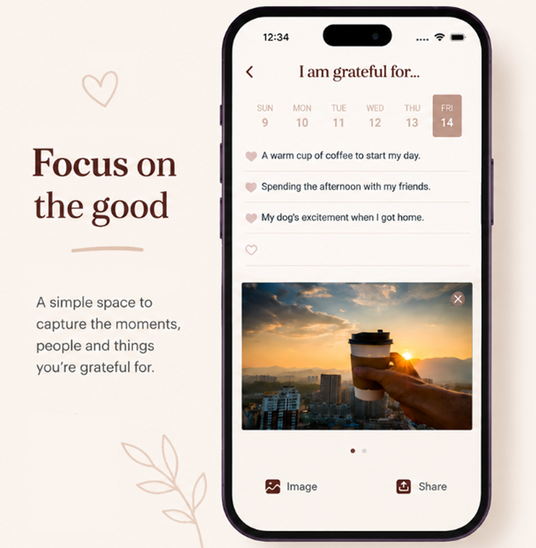Gratitude log screen with a weekly date picker, three written entries and a saved photo