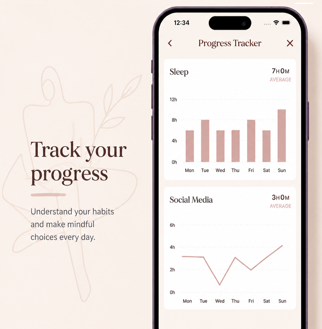 Progress tracker screen with a weekly sleep bar chart and a social media trend line