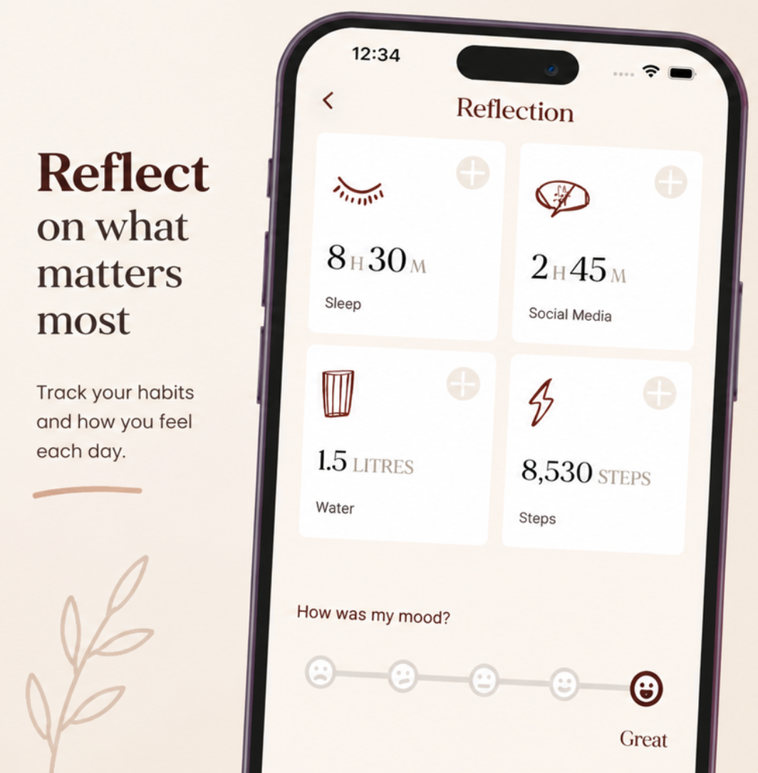 Reflection screen showing sleep, social media, water and step counts above a mood slider