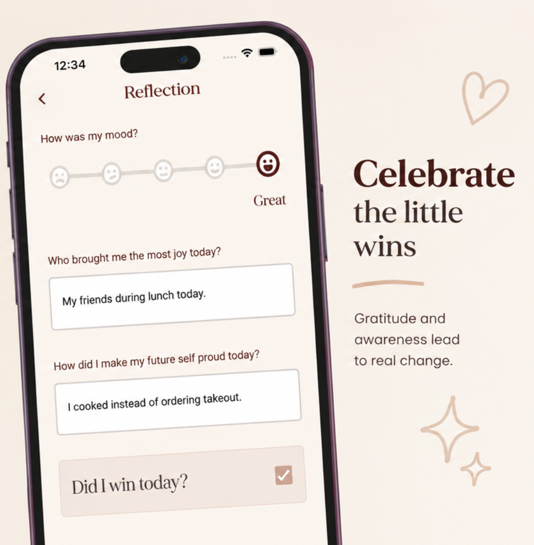Evening reflection screen with a mood slider and written answers about joy and proud moments